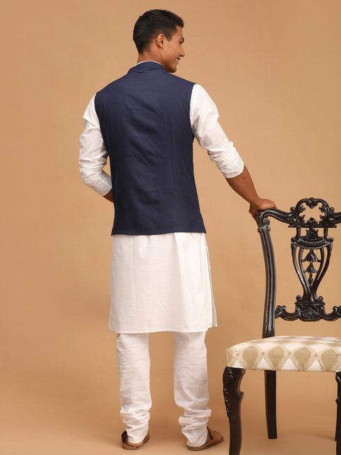 Vastramay Men's Navy Blue Solid Cotton Nehru Jacket With White Kurta And Pyjama Set
